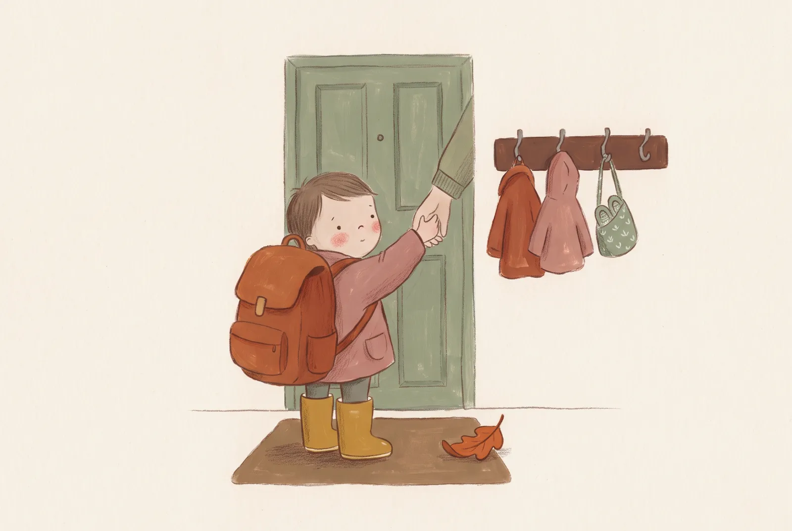 Ilustrace malé skříňky ve školce s obrázkem jablíčka, v ní bačkorky, batůžek a pláštěnka.