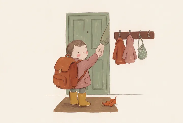 Ilustrace malé skříňky ve školce s obrázkem jablíčka, v ní bačkorky, batůžek a pláštěnka.