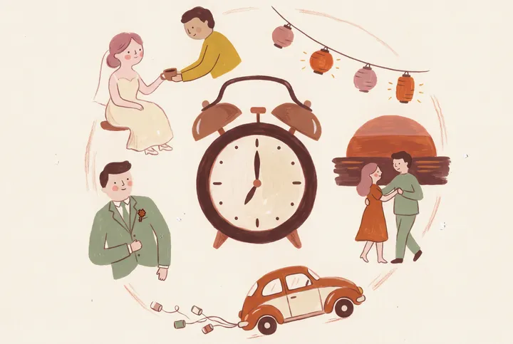 Ilustrace svatebního harmonogramu přišpendleného na korkové nástěnce vedle hodinek a kytice.