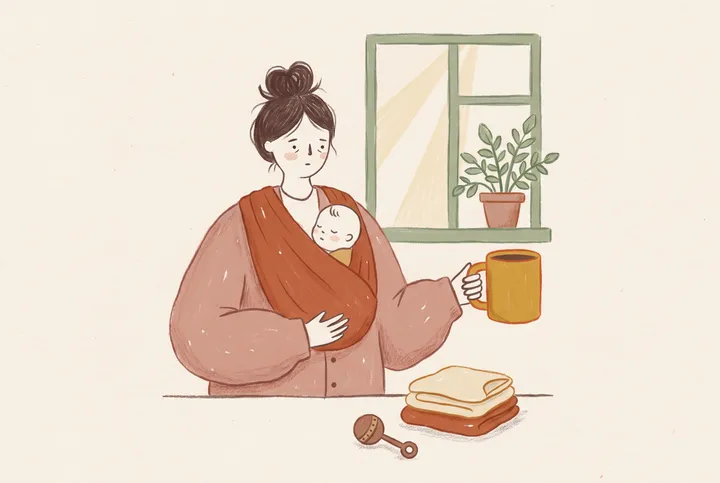 Ilustrace mámy s miminkem v náručí u okna, vedle ní vychladlý hrnek kávy a rozházené hračky.