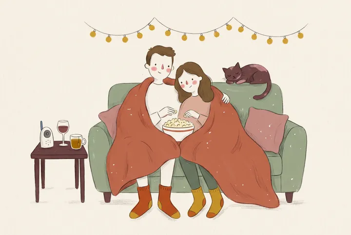 Ilustrace páru na balkoně večer, dvě sklenky vína a dětská chůvička na stole mezi nimi.